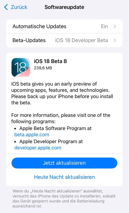 新绛苹果手机维修分享苹果 iOS / iPadOS 18 开发者预览版 Beta 8 发布 